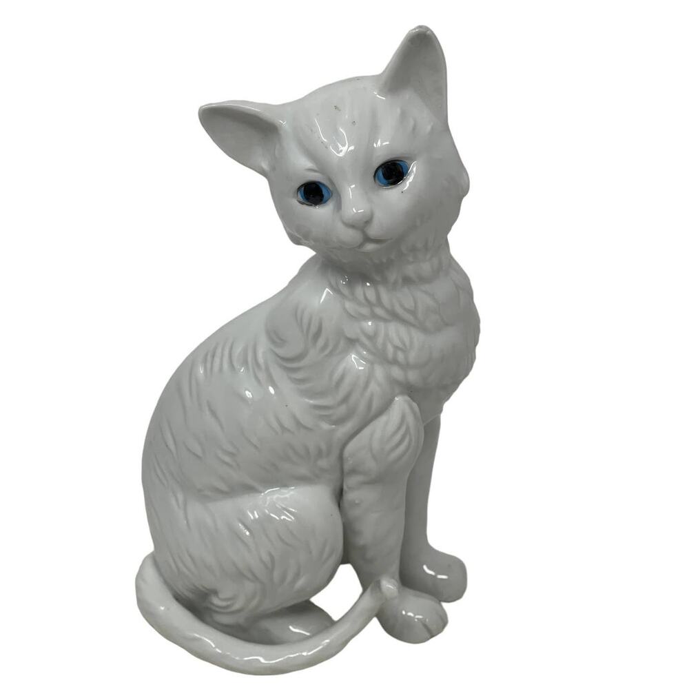 Vintage White Long Haired CAT Blue Eyed Porcelain Figurine MCM KITTY 7"
